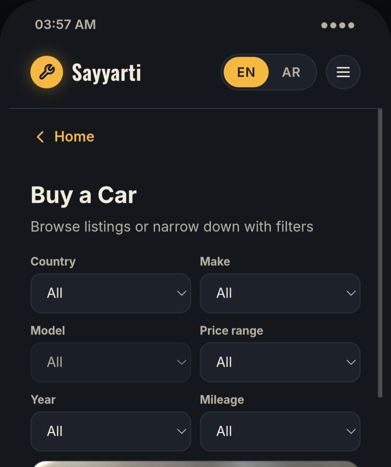Sayyarti buy a car screen